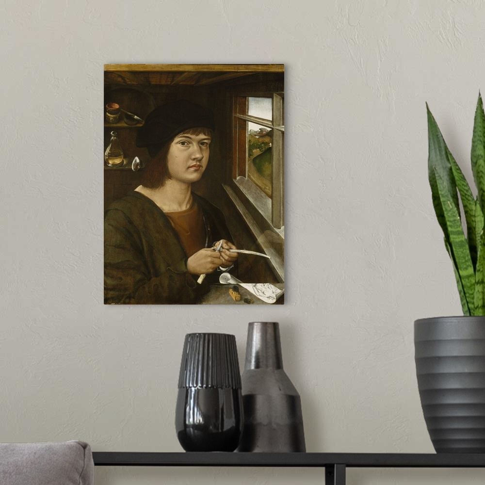 A modern room featuring Portrait of a Young Artist, c.1500, oil on panel.