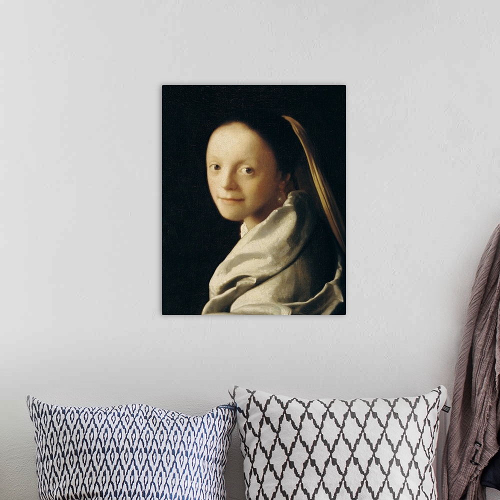 A bohemian room featuring XIR113451 Portrait of a Young Woman, c.1663-65 (oil on canvas)  by Vermeer, Jan (1632-75); 44x40 ...