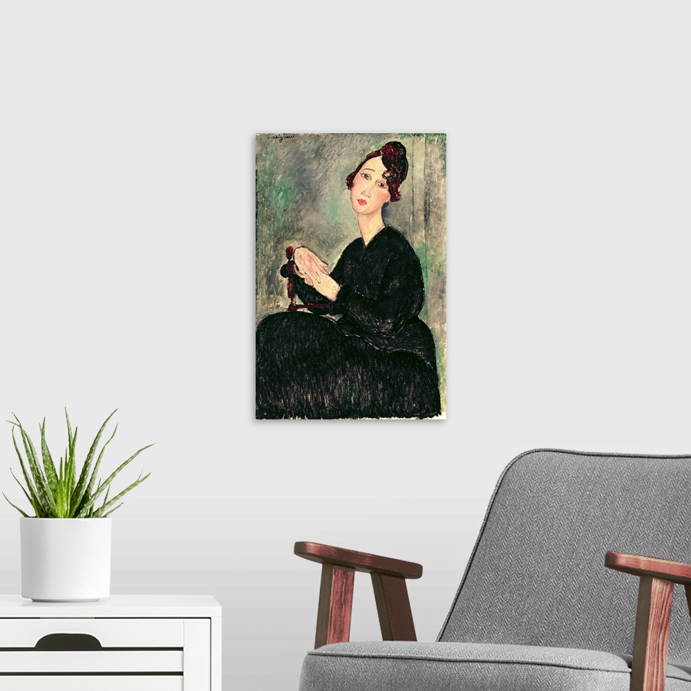 A modern room featuring CH100787 Portrait of a Young Woman (The Concierge) c.1916 (oil on canvas) by Modigliani, Amedeo (...