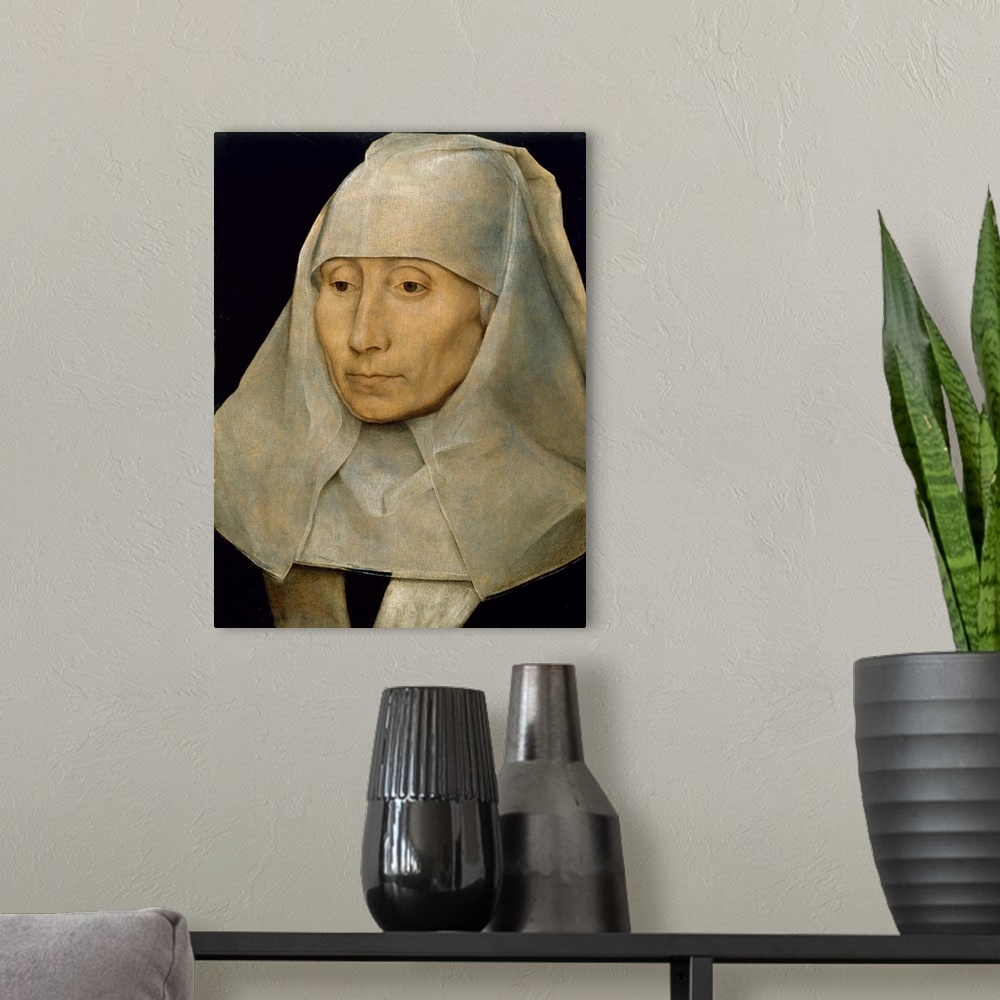 A modern room featuring Portrait Of An Old Woman, 1468-70 (Originally oil on wood)