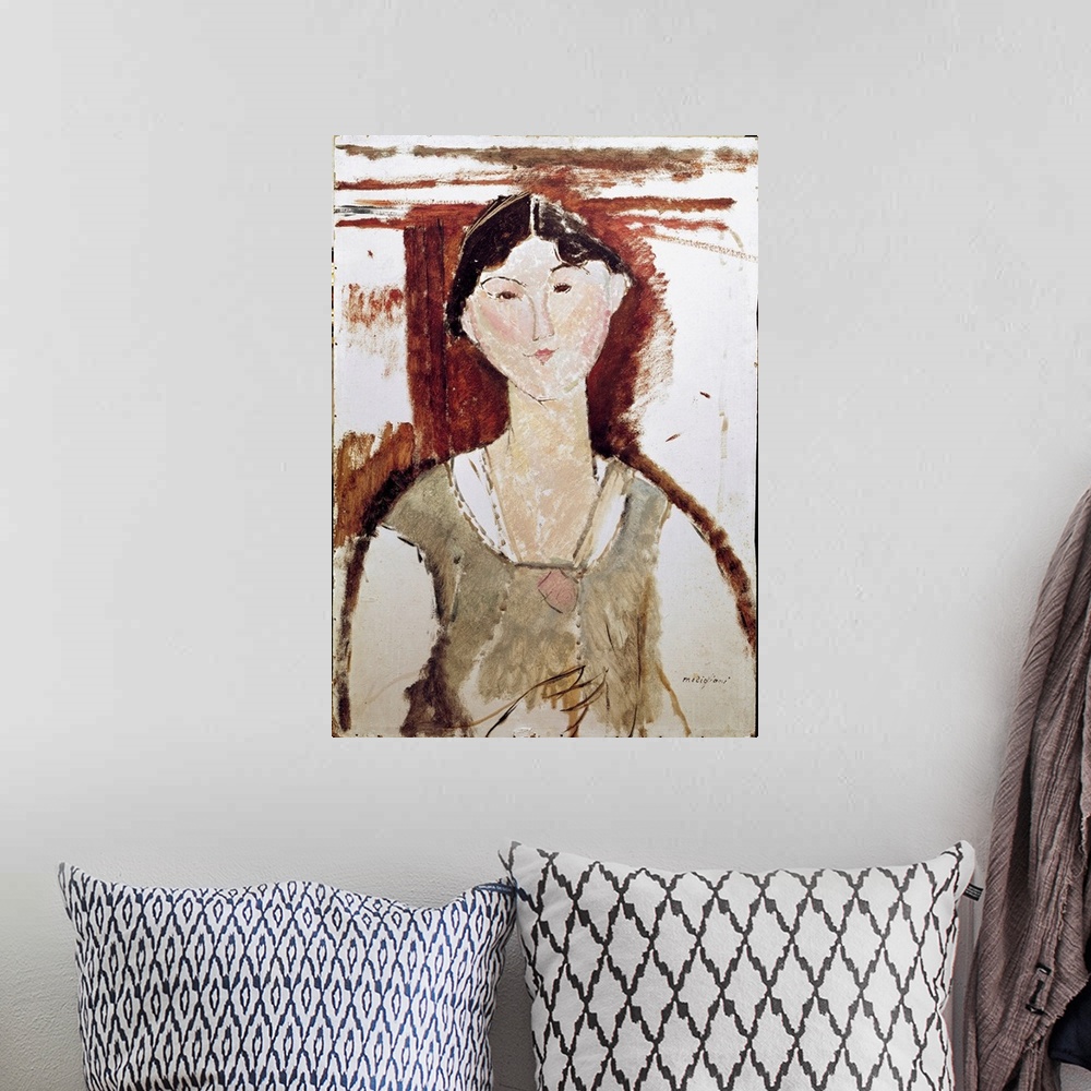 A bohemian room featuring Portrait of Beatrice Hastings. Painting by Amedeo Modigliani (1884-1920), 1915.