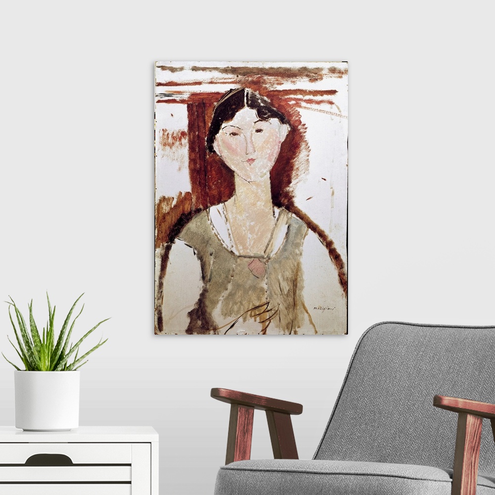 A modern room featuring Portrait of Beatrice Hastings. Painting by Amedeo Modigliani (1884-1920), 1915.