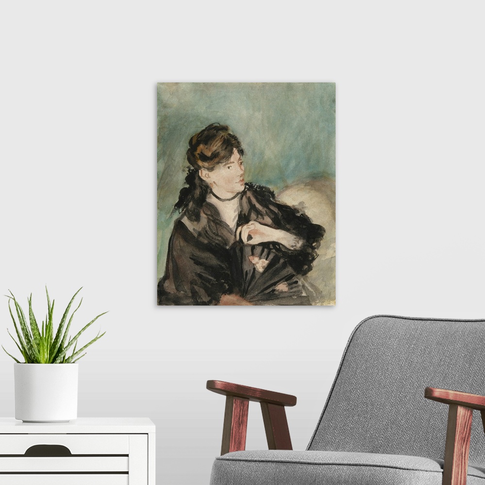 A modern room featuring Portrait of Berthe Morisot, 1873-74, watercolor over traces of graphite, on off-white wove paper.