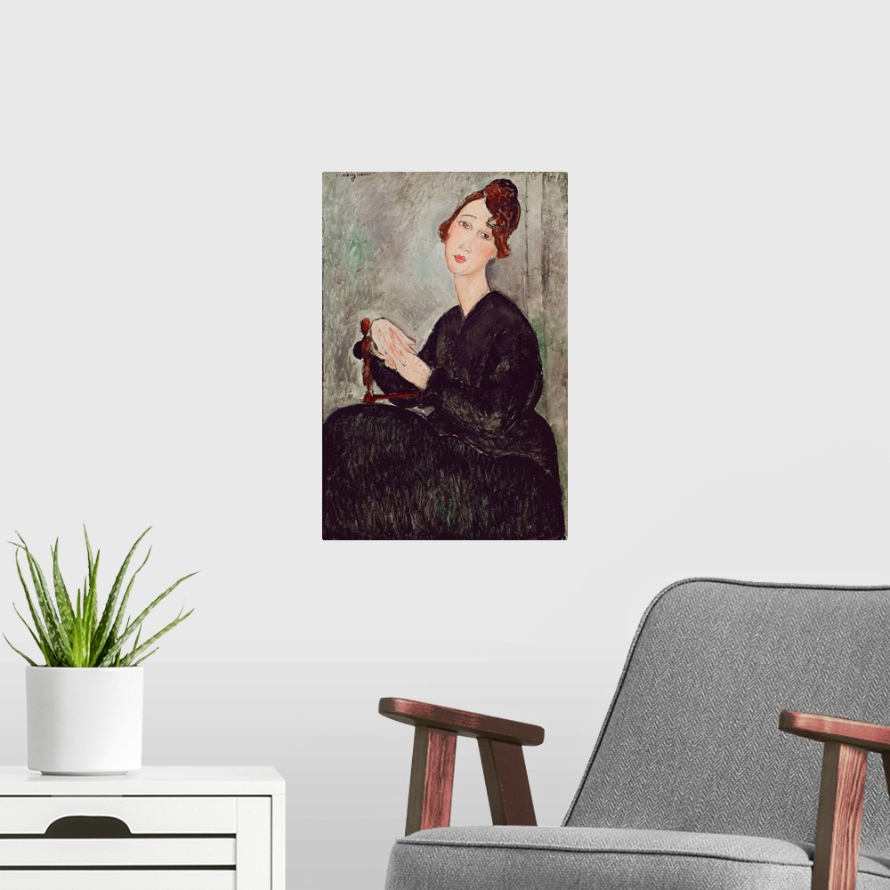 A modern room featuring Portrait of Dedie Hayden (D.H.) Woman clothed in black has the melancolic expression. Painting by...
