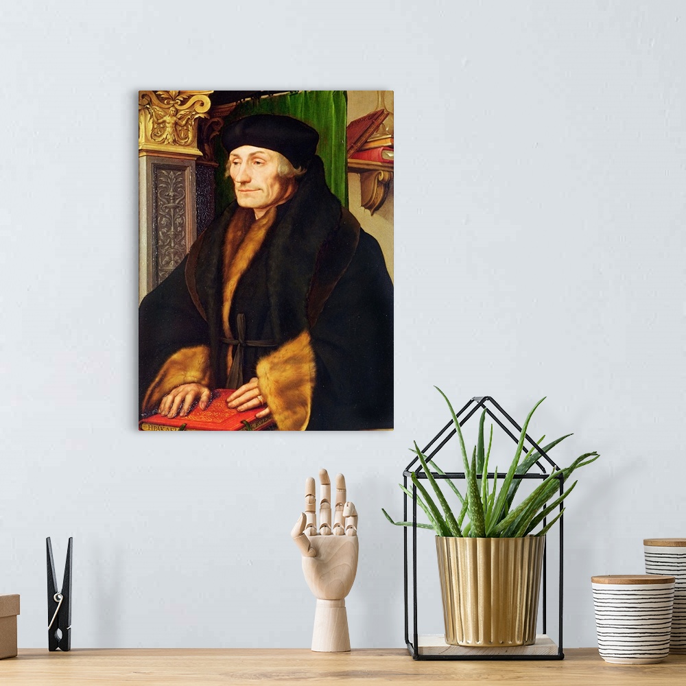 A bohemian room featuring BAL5531 Portrait of Erasmus, 1523 (oil and egg tempera on panel)  by Holbein the Younger, Hans (1...