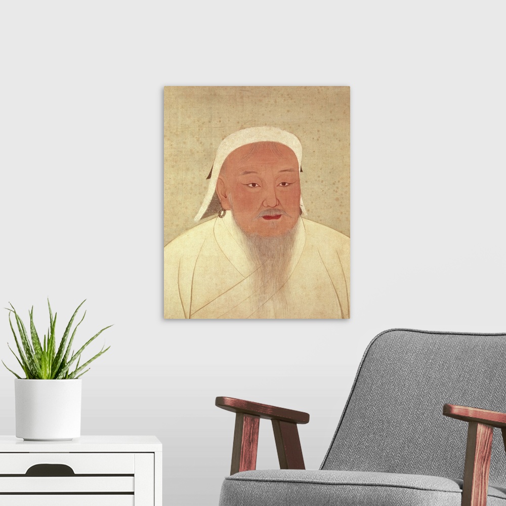 A modern room featuring XTD69948 Portrait of Genghis Khan (c.1162-1227), Mongol Khan, founder of the Imperial Dynasty, th...