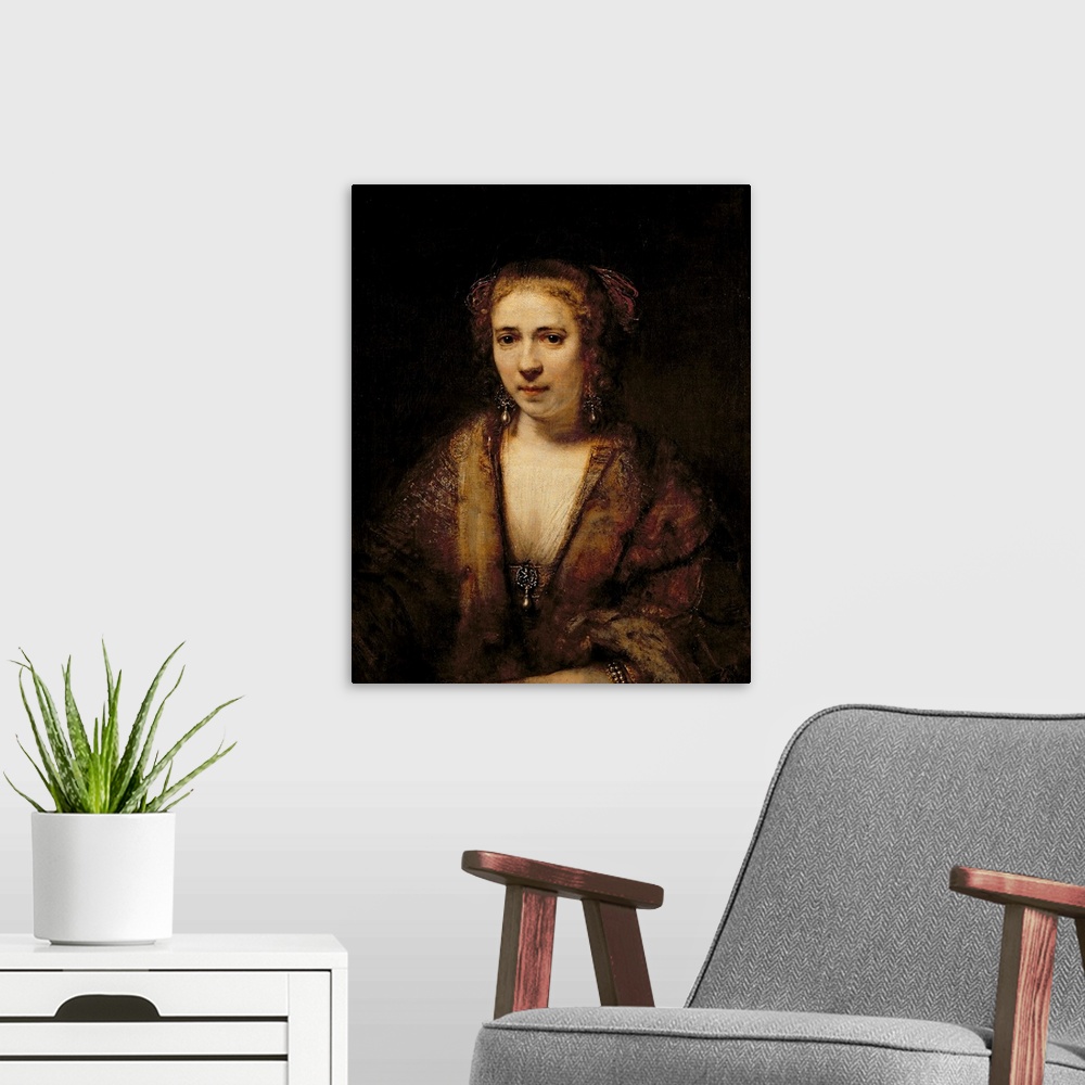 A modern room featuring XIR267680 Portrait of Hendrikje Stoffels (1625-63) (oil on canvas)  by Rembrandt Harmensz. van Ri...