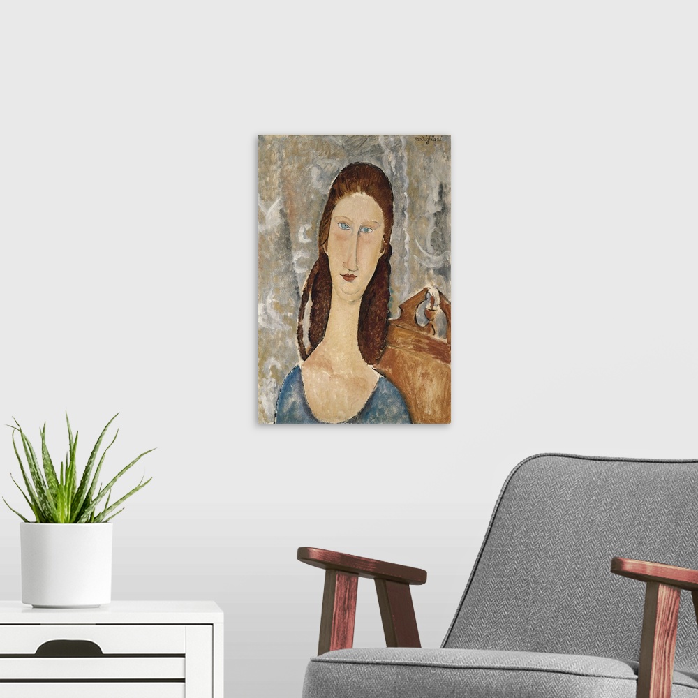 A modern room featuring CH378370 Portrait of Jeanne Hebuterne (oil on canvas) by Modigliani, Amedeo (1884-1920); Private ...
