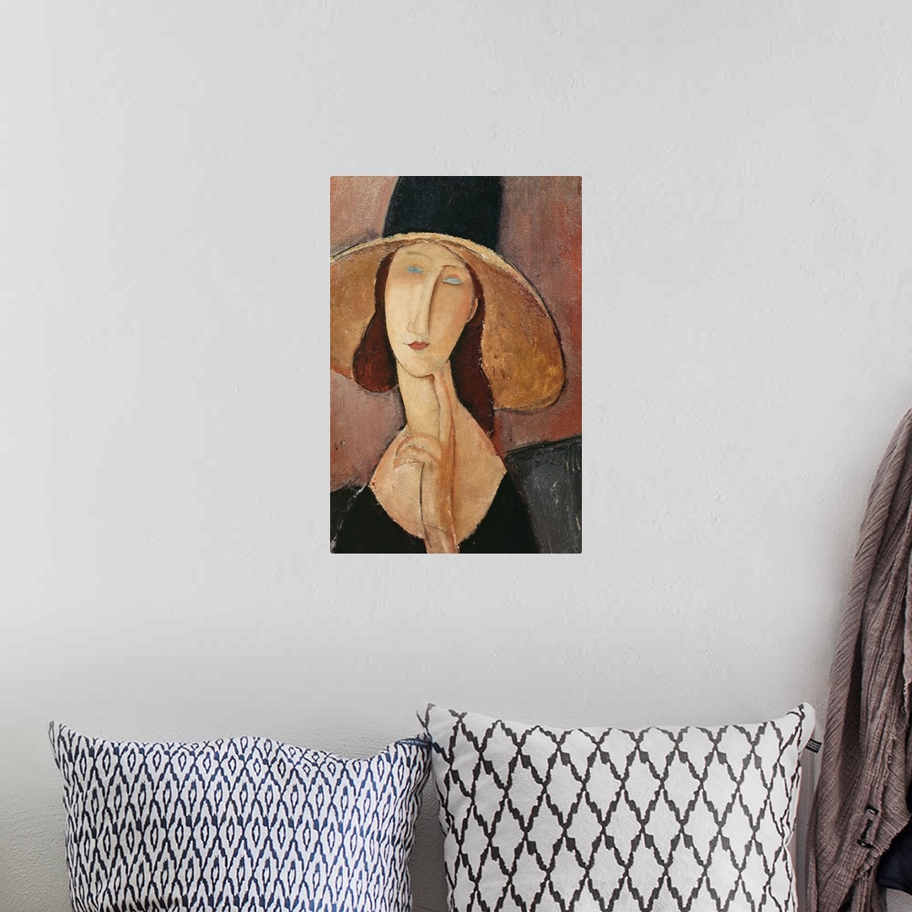 A bohemian room featuring Portrait of Jeanne Hebuterne in a large hat, c.1918-19