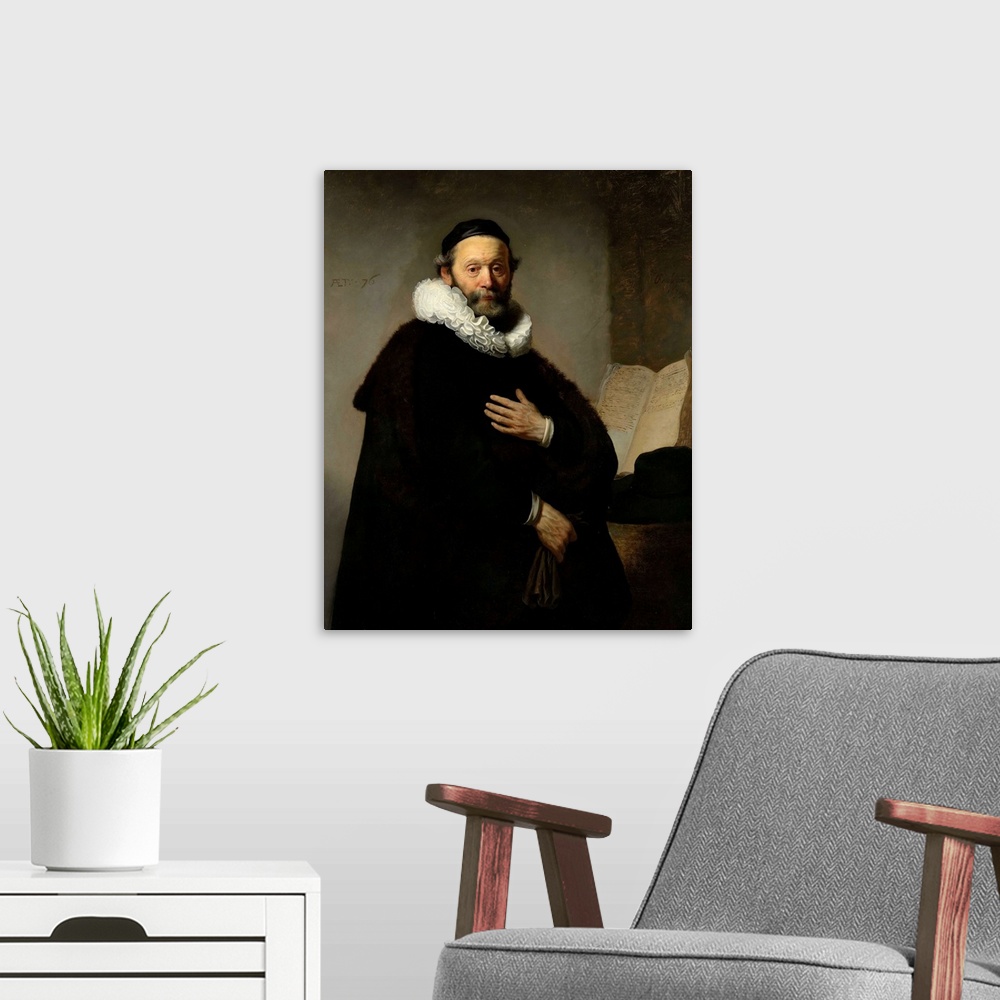 A modern room featuring Painting by Rembrandt of a portrait of Johannes Wtenbogaert.