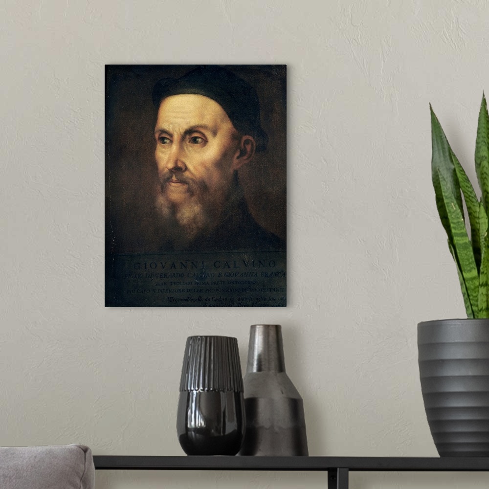 A modern room featuring XIR80411 Portrait of John Calvin (1509-64) (oil on canvas)  by Titian (Tiziano Vecellio) (c.1488-...