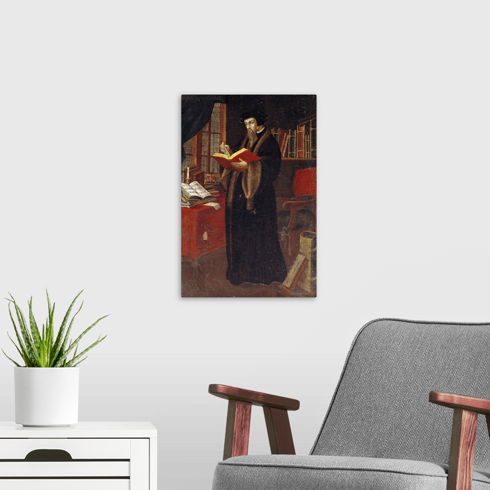 A modern room featuring XIR80412 Portrait of John Calvin (1509-64), French theologian and reformer (oil on canvas)  by Fr...