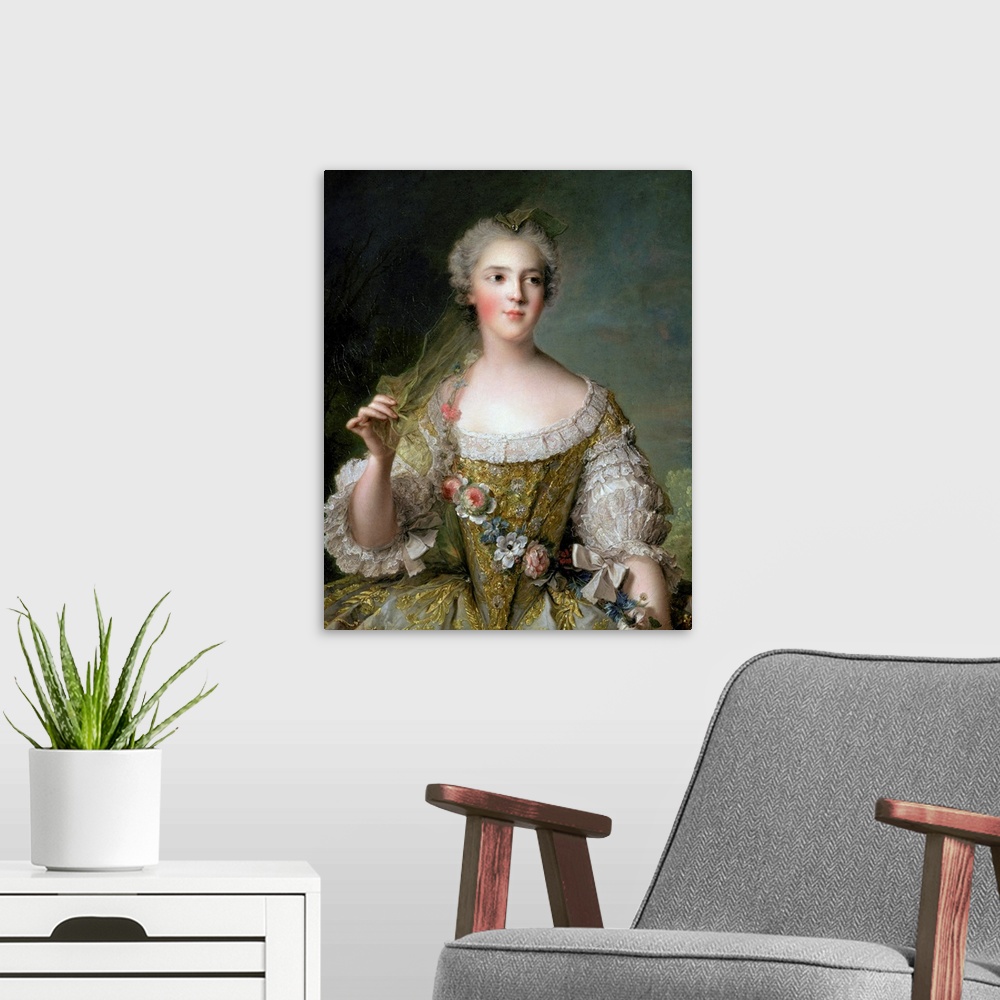 A modern room featuring XIR71490 Portrait of Madame Sophie (1734-82), daughter of Louis XV, at Fontevrault, 1748 (oil on ...