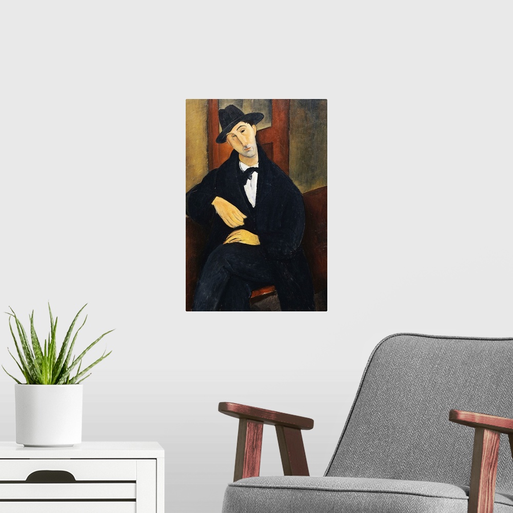 A modern room featuring CH378363 Portrait of Mari, 1919-20 (oil on canvas) by Modigliani, Amedeo (1884-1920); Private Col...