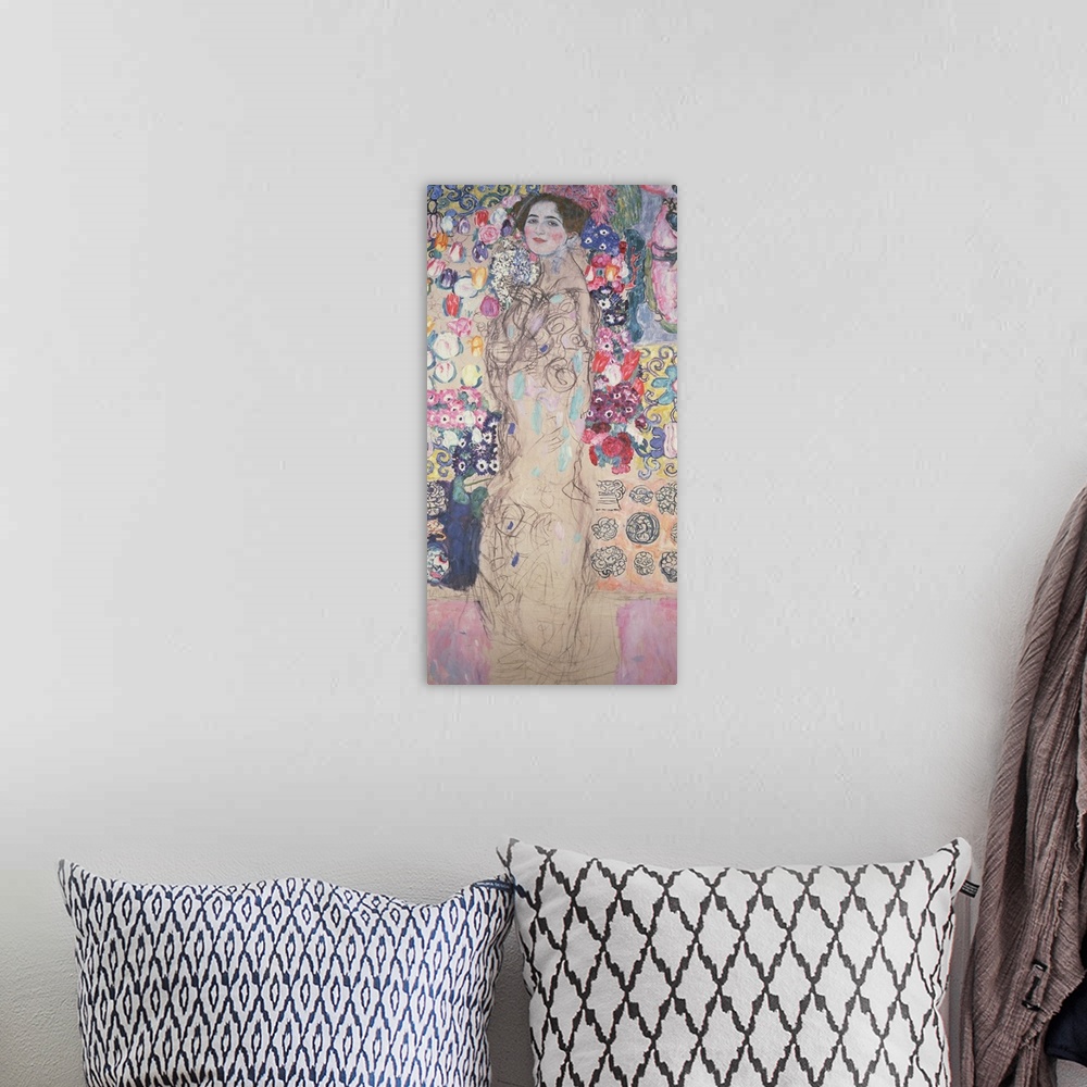 A bohemian room featuring Large, vertical classic art on canvas of an unfinished portrait of Maria Munk against a backgroun...