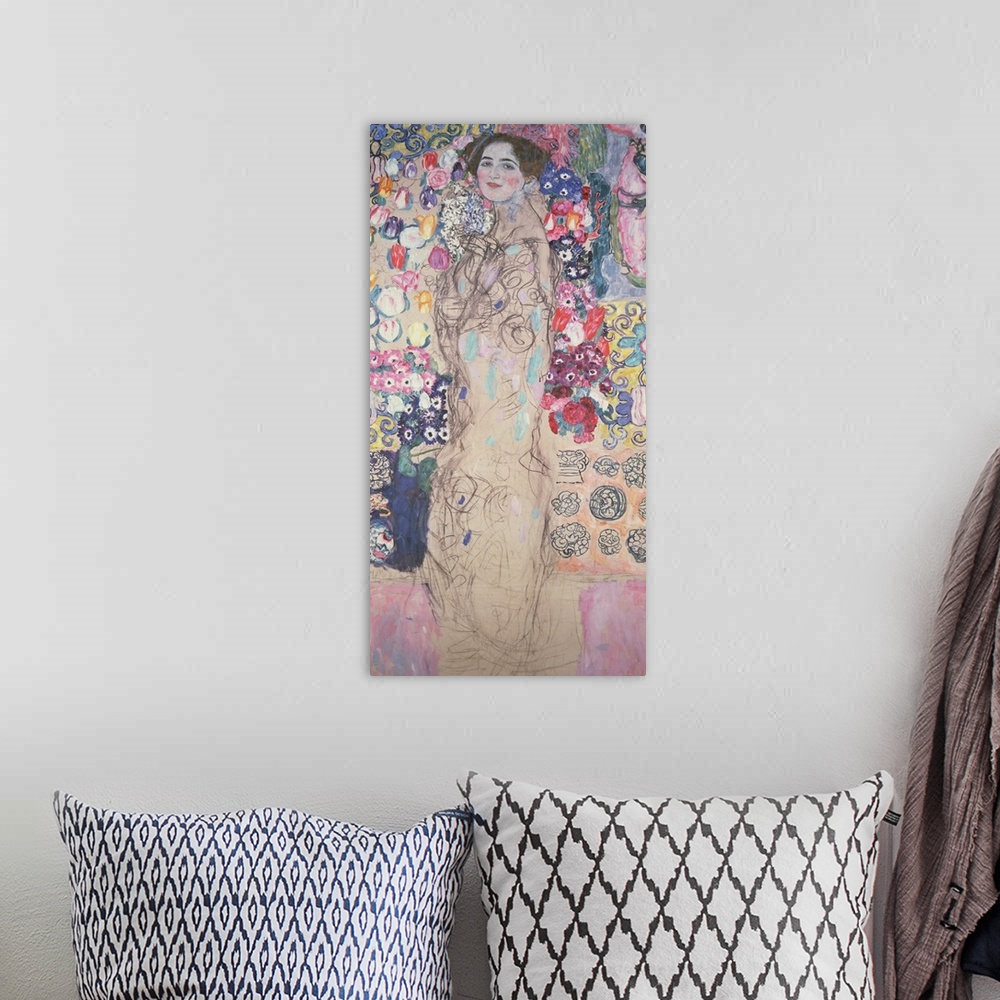 A bohemian room featuring Large, vertical classic art on canvas of an unfinished portrait of Maria Munk against a backgroun...