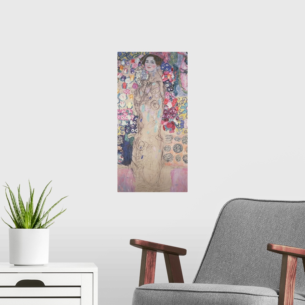 A modern room featuring Large, vertical classic art on canvas of an unfinished portrait of Maria Munk against a backgroun...
