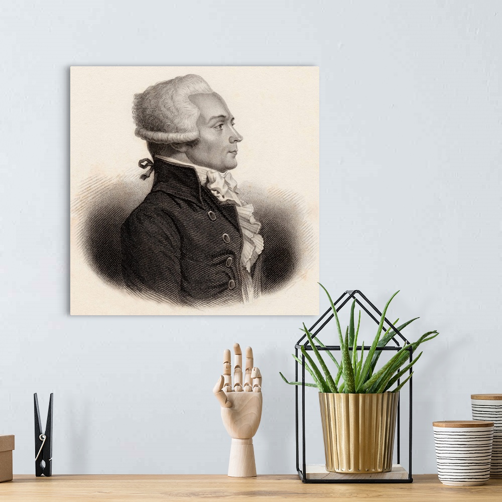 A bohemian room featuring Maximilien Robespierre,1758-1794.  Jacobin leader during French Revolution. 19th century print en...