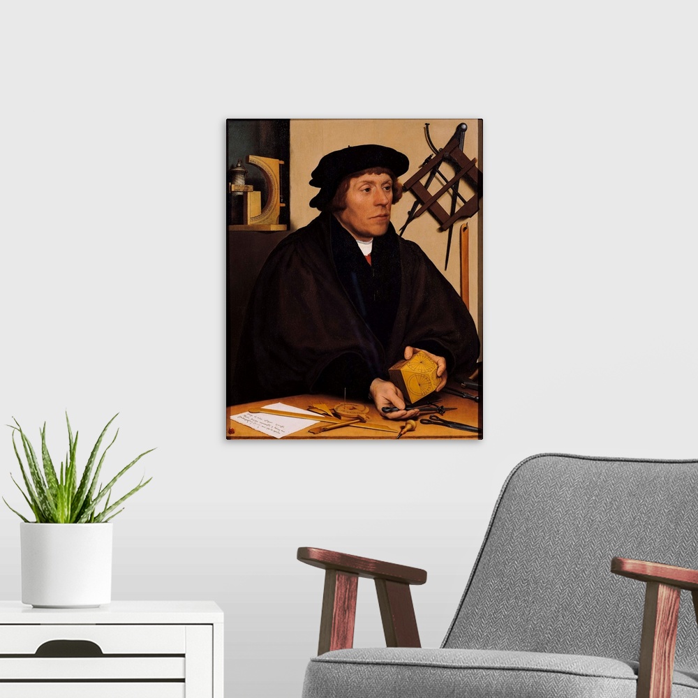 A modern room featuring XIR29761 Portrait of Nicholas Kratzer (1487-c.1550) 1528 (oil on panel); by Holbein, Hans the You...