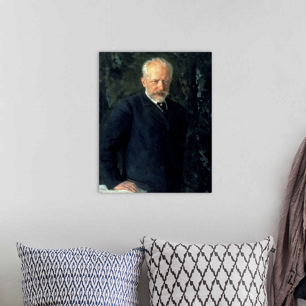 A bohemian room featuring BAL75847 Portrait of Piotr Ilyich Tchaikovsky (1840-93), Russian composer, 1893 (oil on canvas)  ...