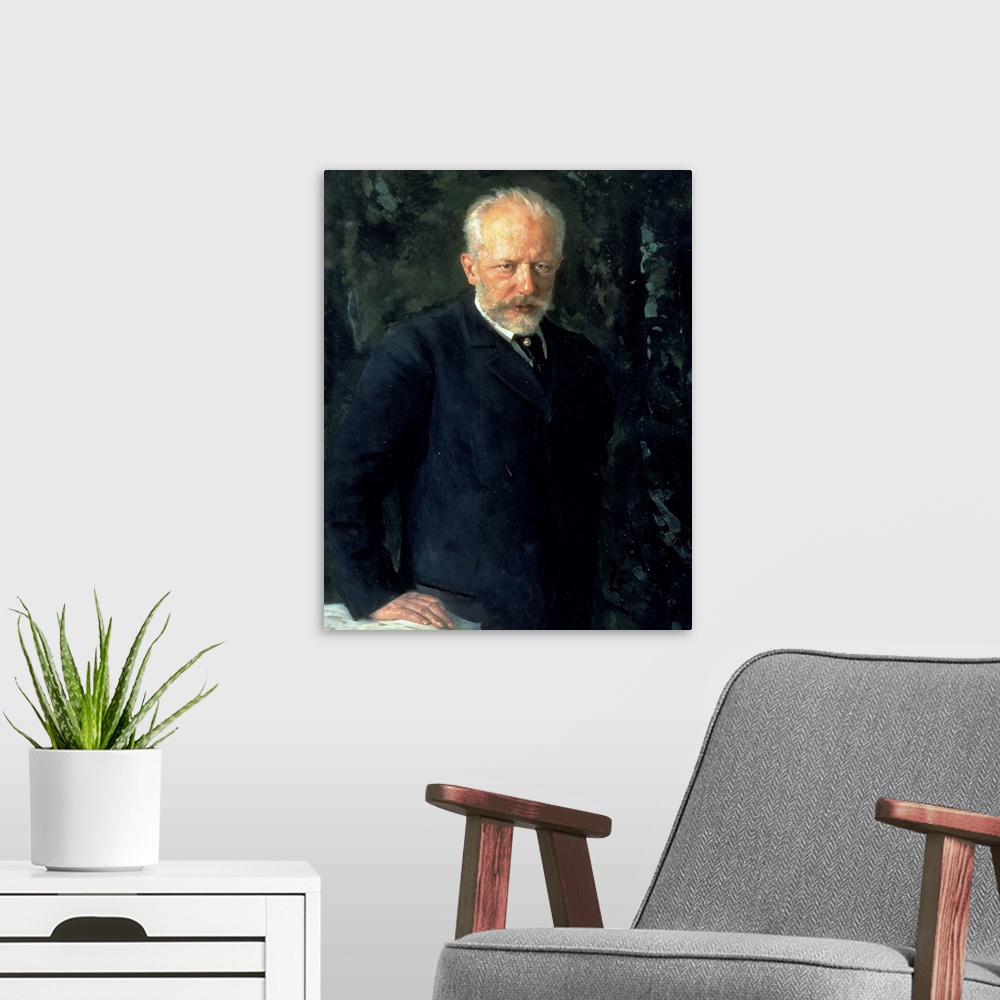 A modern room featuring BAL75847 Portrait of Piotr Ilyich Tchaikovsky (1840-93), Russian composer, 1893 (oil on canvas)  ...