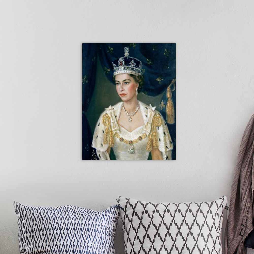 A bohemian room featuring Portrait of Queen Elizabeth II wearing coronation robes and the Imperial State Crown