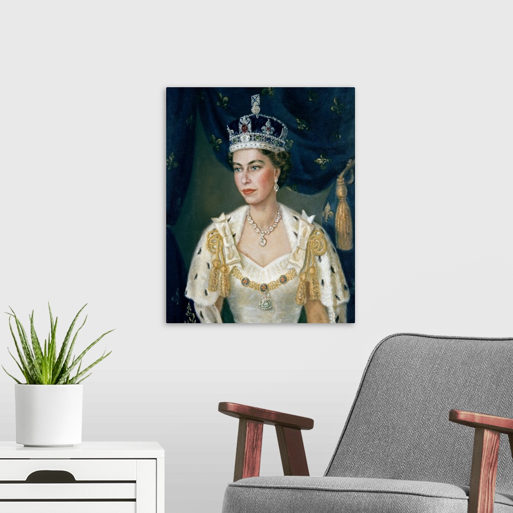 A modern room featuring Portrait of Queen Elizabeth II wearing coronation robes and the Imperial State Crown