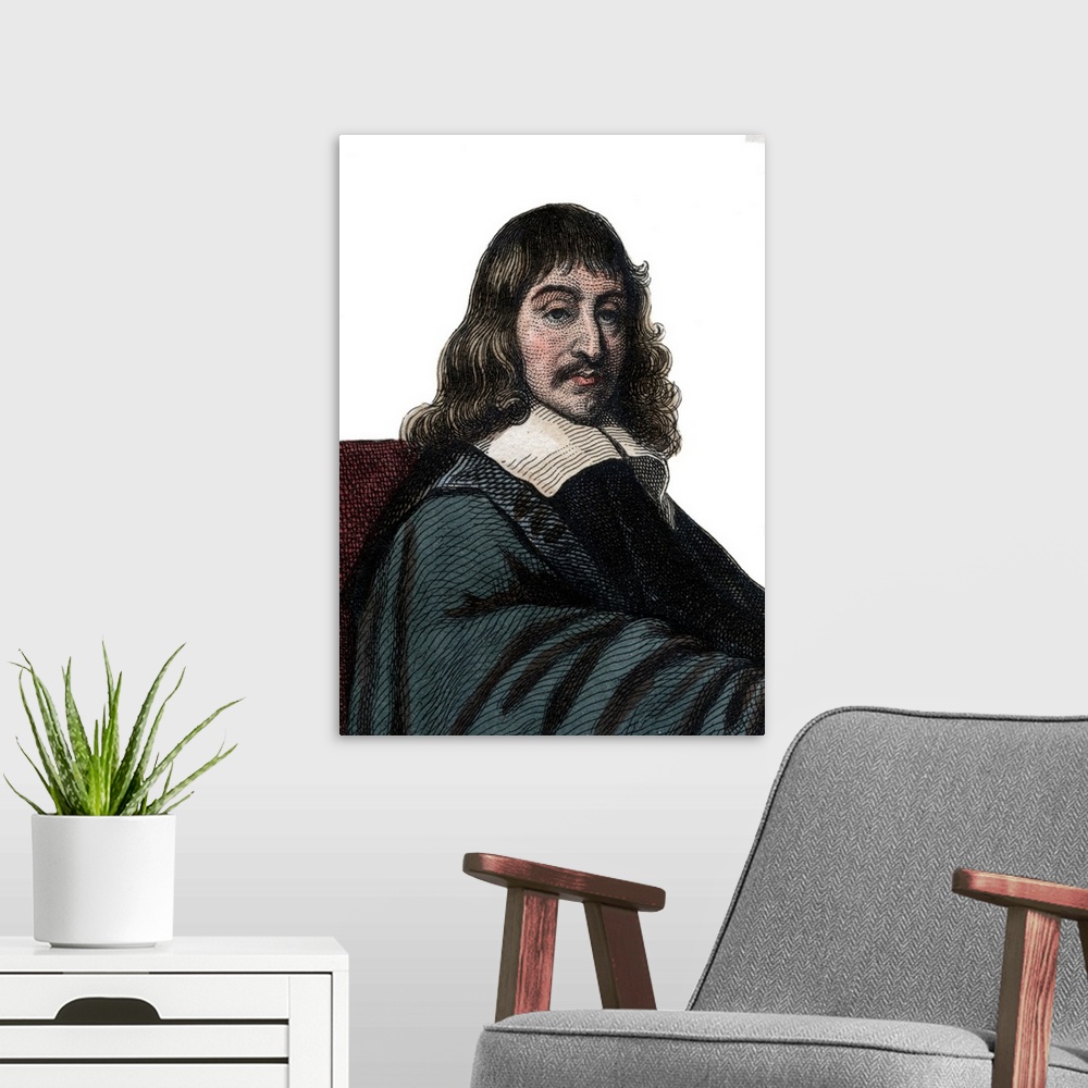 A modern room featuring Portrait of Rene Descartes (1596-1650), French philosopher and writer by French School, (19th cen...