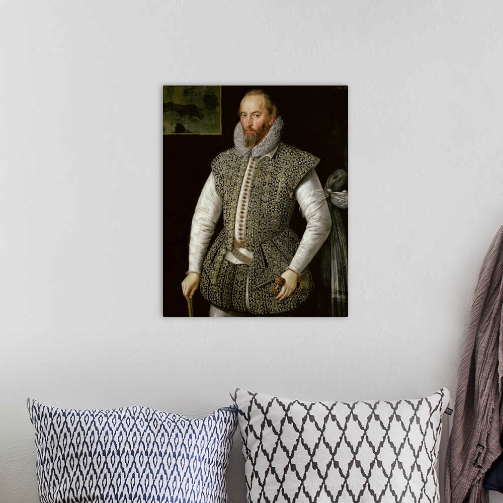 A bohemian room featuring BAL7790 Portrait of Sir Walter Raleigh, 1598 (oil on panel)  by Segar, William (fl.1585-d.1633) (...