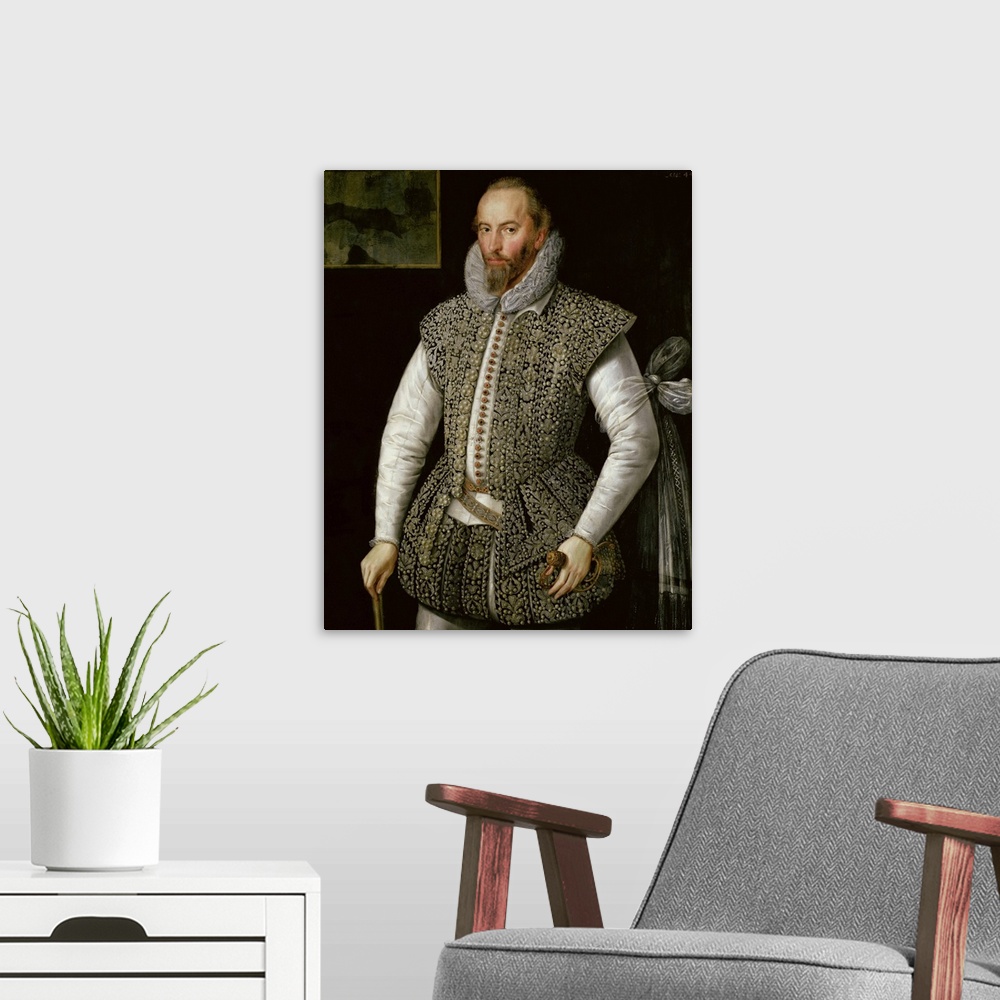 A modern room featuring BAL7790 Portrait of Sir Walter Raleigh, 1598 (oil on panel)  by Segar, William (fl.1585-d.1633) (...