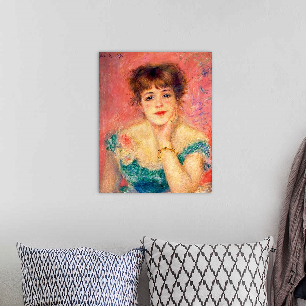 A bohemian room featuring Painting of a portrait of a vintage celebrity on canvas.