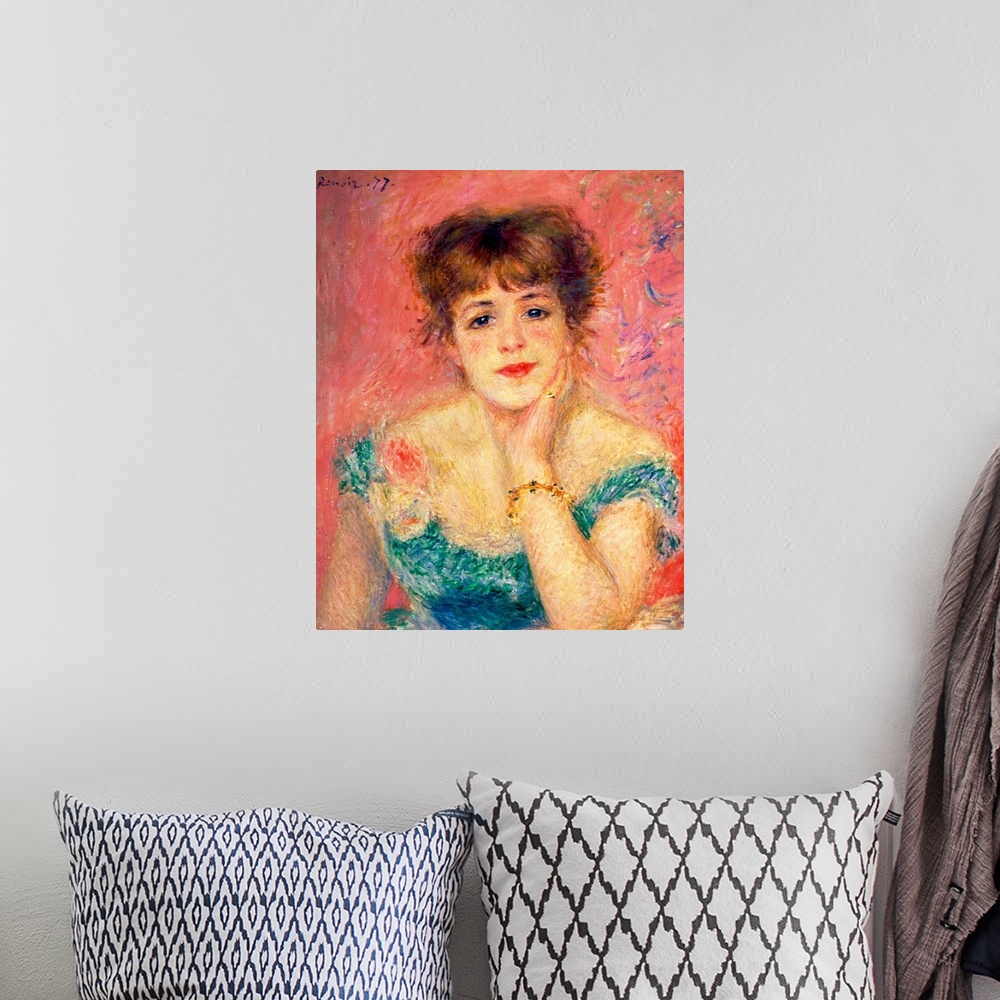 A bohemian room featuring Painting of a portrait of a vintage celebrity on canvas.