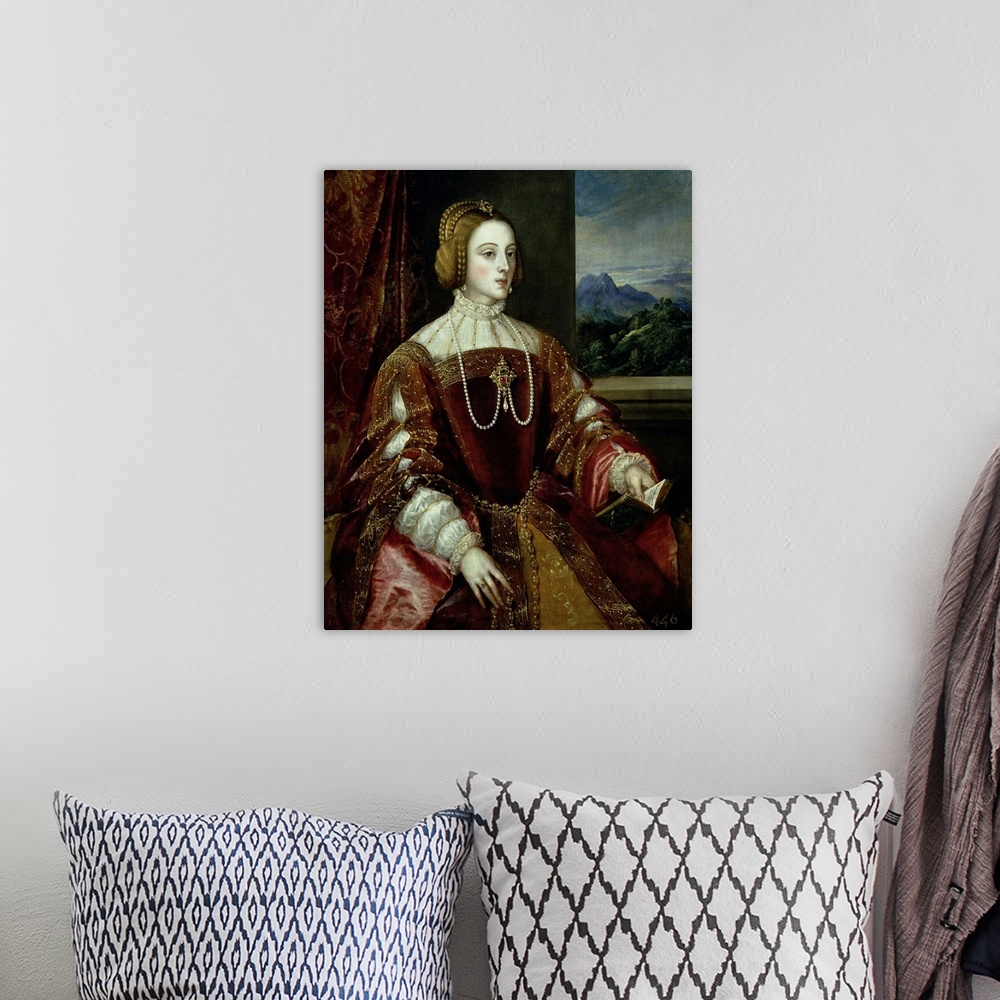 A bohemian room featuring XIR61237 Portrait of the Empress Isabella of Portugal, 1548; by Titian (Tiziano Vecellio) (c.1488...