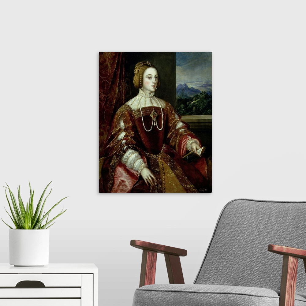 A modern room featuring XIR61237 Portrait of the Empress Isabella of Portugal, 1548; by Titian (Tiziano Vecellio) (c.1488...