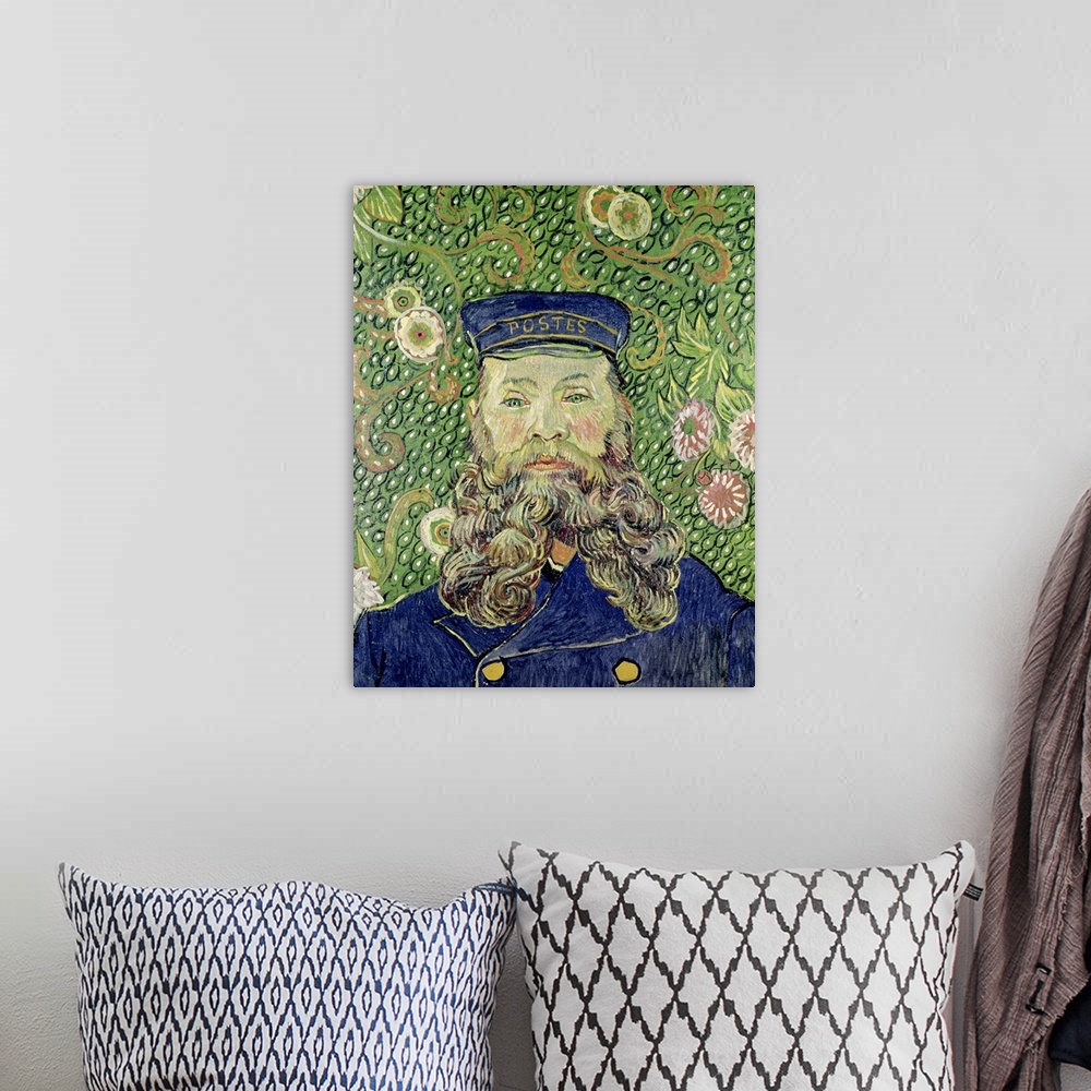 A bohemian room featuring Portrait, classic painting of  a postman in uniform, with along flowing beard.  The background is...
