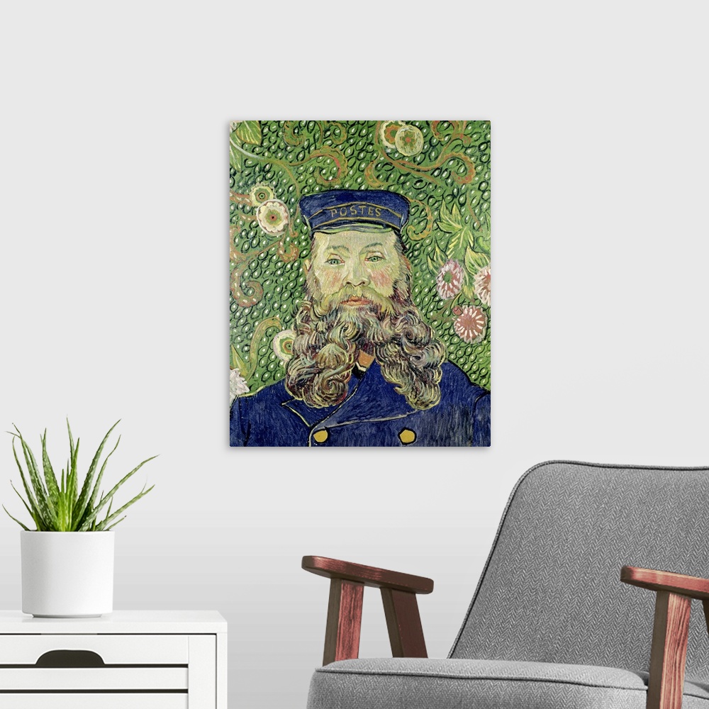 A modern room featuring Portrait, classic painting of  a postman in uniform, with along flowing beard.  The background is...