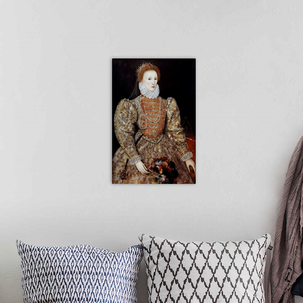 A bohemian room featuring Portrait Of The Queen Of England, Elizabeth I