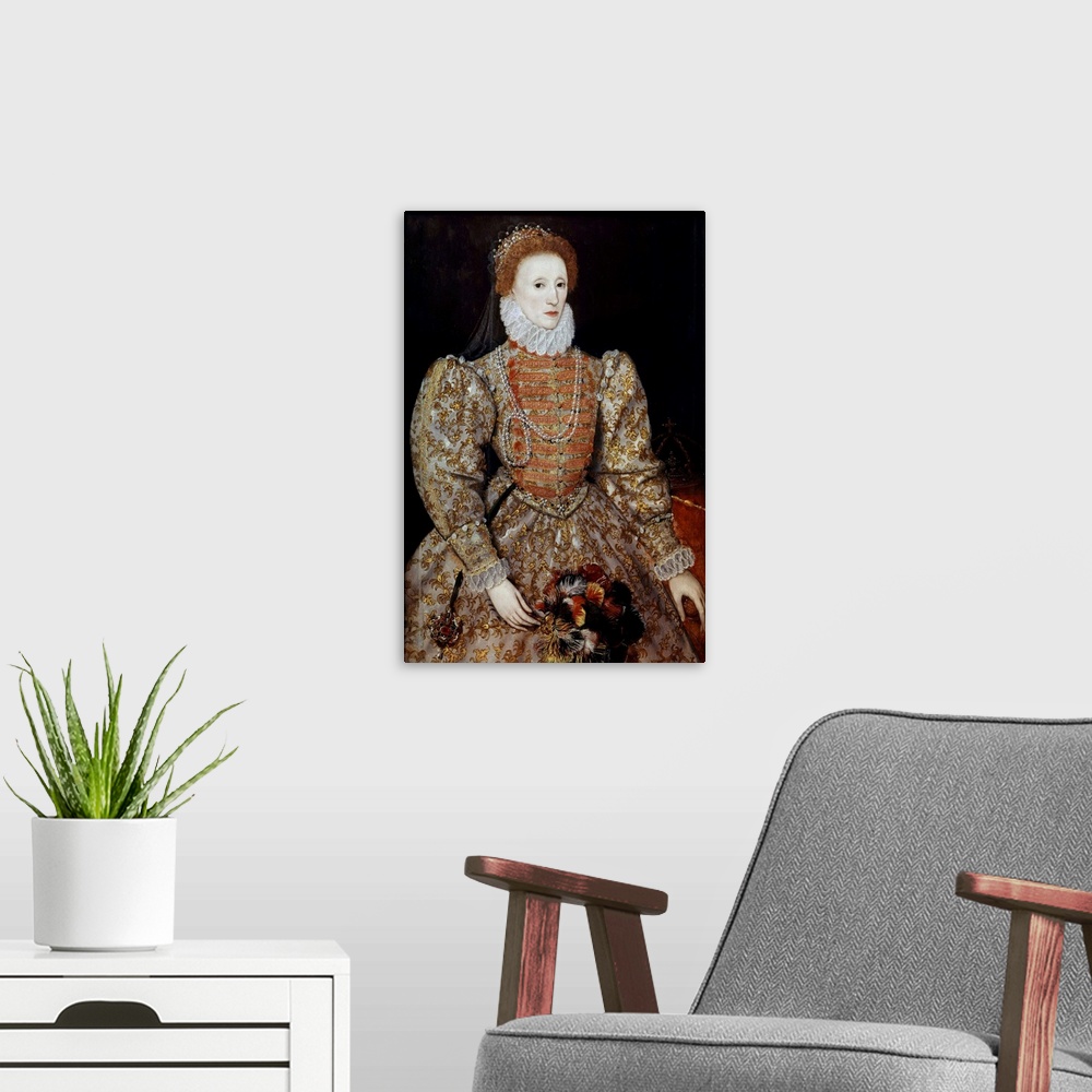 A modern room featuring Portrait Of The Queen Of England, Elizabeth I