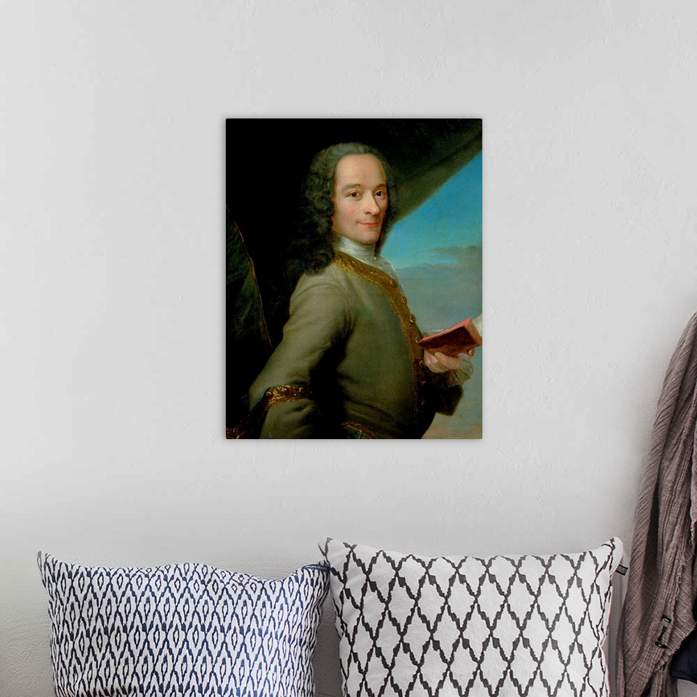 A bohemian room featuring XIR154627 Portrait of the Young Voltaire (1694-1778) (oil on canvas) by French School, (18th cent...