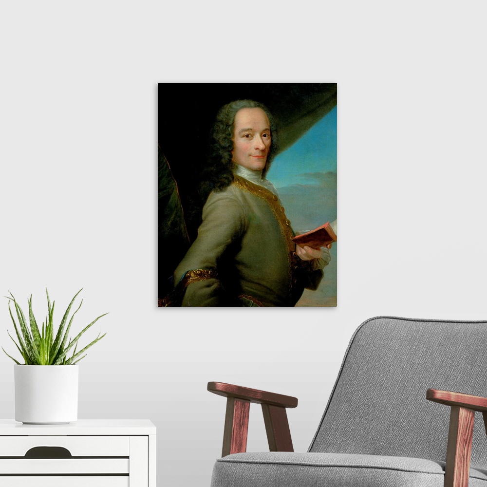 A modern room featuring XIR154627 Portrait of the Young Voltaire (1694-1778) (oil on canvas) by French School, (18th cent...