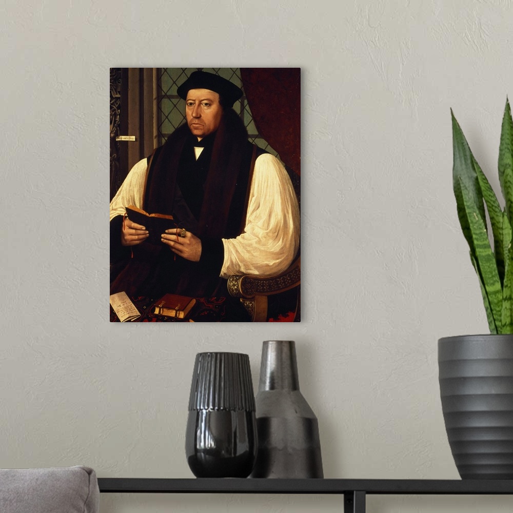 A modern room featuring BAL99918 Portrait of Thomas Cranmer (1489-1556) 1546 (oil on panel); by Flicke, Gerlach (fl.1547-...
