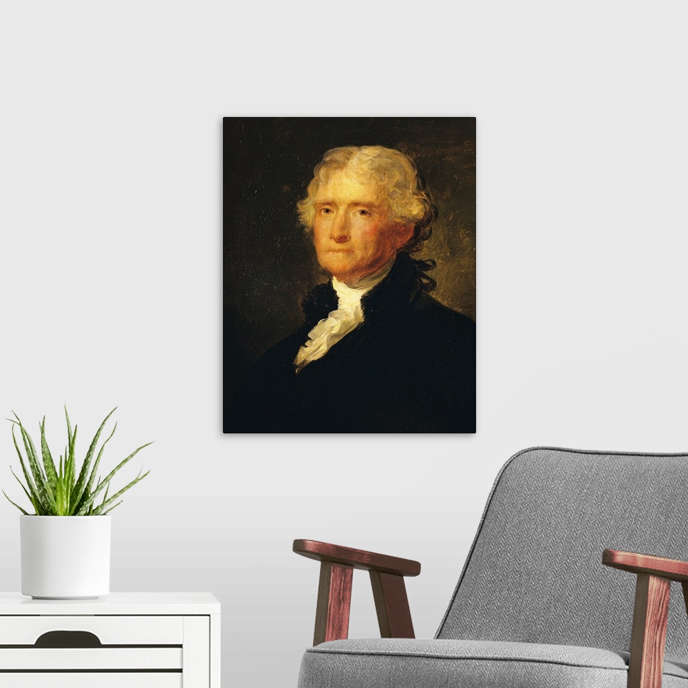 A modern room featuring XIR102584 Portrait of Thomas Jefferson, after a painting by Gilbert Stuart (1755-1828) (oil on ca...