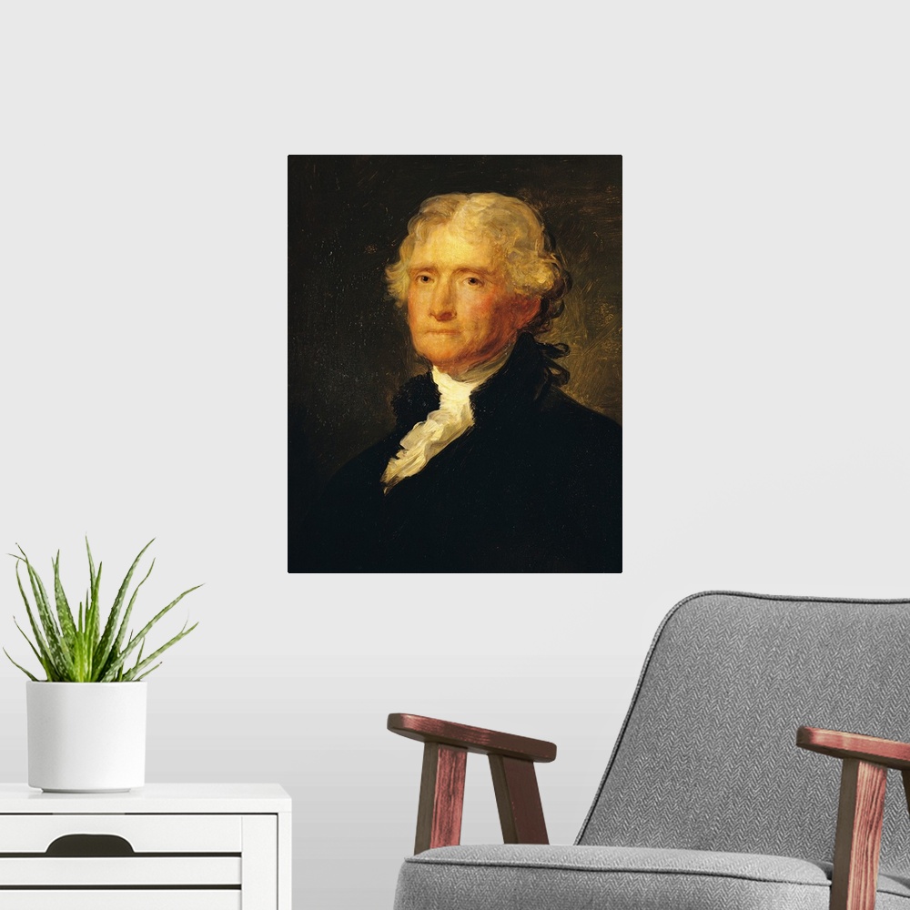 A modern room featuring XIR102584 Portrait of Thomas Jefferson, after a painting by Gilbert Stuart (1755-1828) (oil on ca...