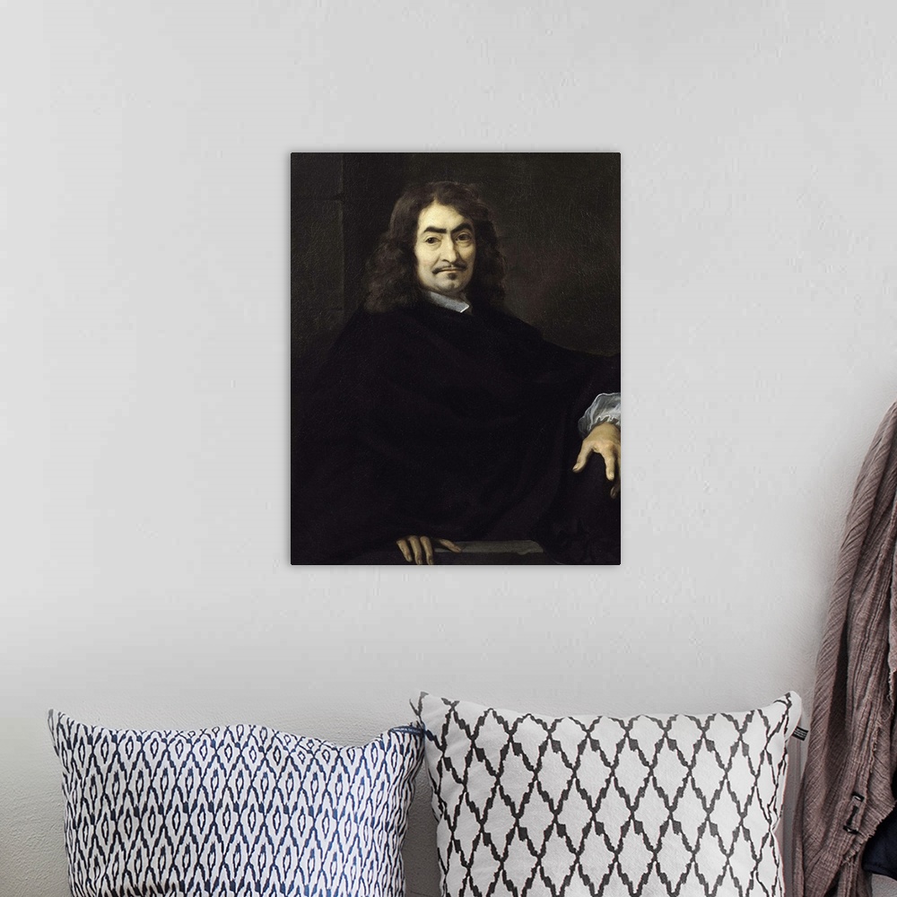 A bohemian room featuring XIR70891 Portrait, presumed to be Rene Descartes (1596-1650) (oil on canvas)  by Bourdon, Sebasti...
