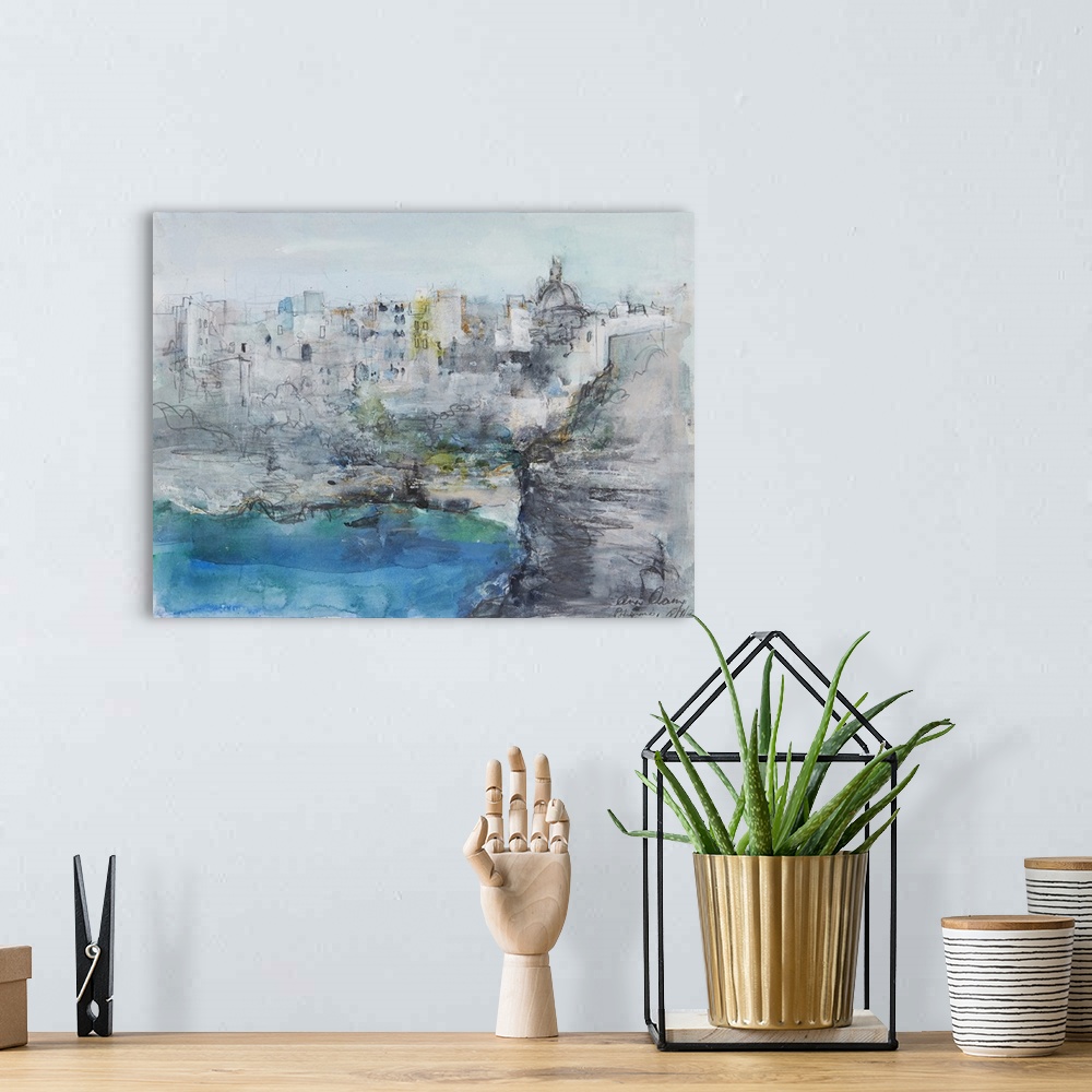 A bohemian room featuring A beautiful abstract landscape painting of the Italian coastal town of Positano in muted blues an...