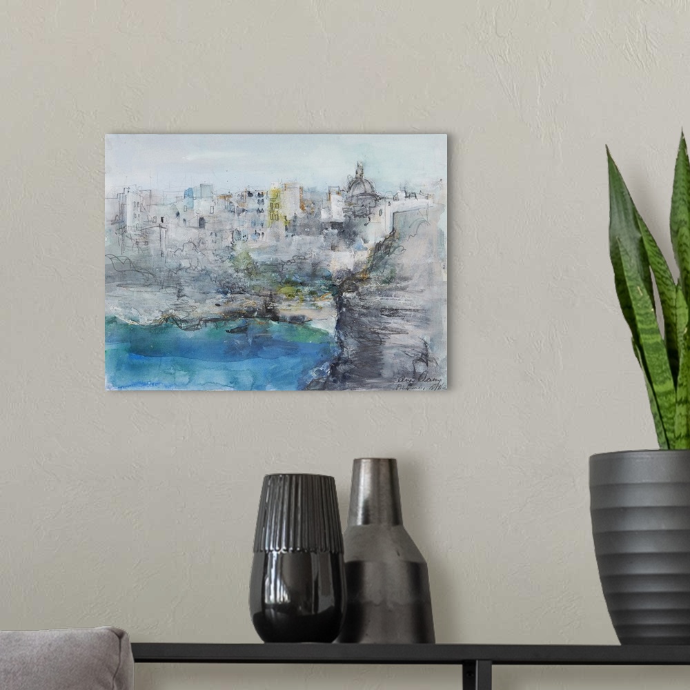 A modern room featuring A beautiful abstract landscape painting of the Italian coastal town of Positano in muted blues an...