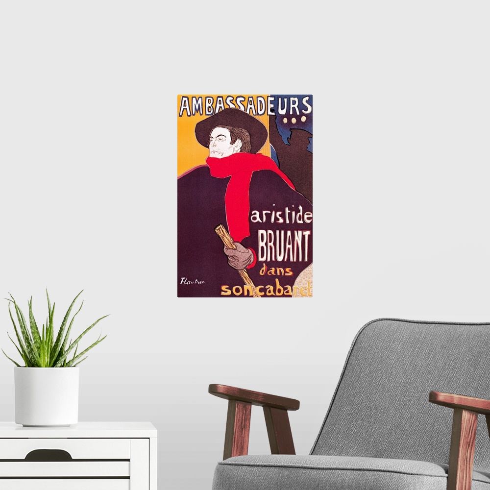 A modern room featuring Large classic art depicts an advertisement for a singing performance to be held at a nightclub in...