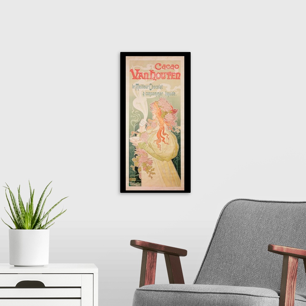 A modern room featuring BAL1494 Poster advertising 'Cacao Van Houten', Belgium, 1897 (colour litho)  by Livemont, Privat ...