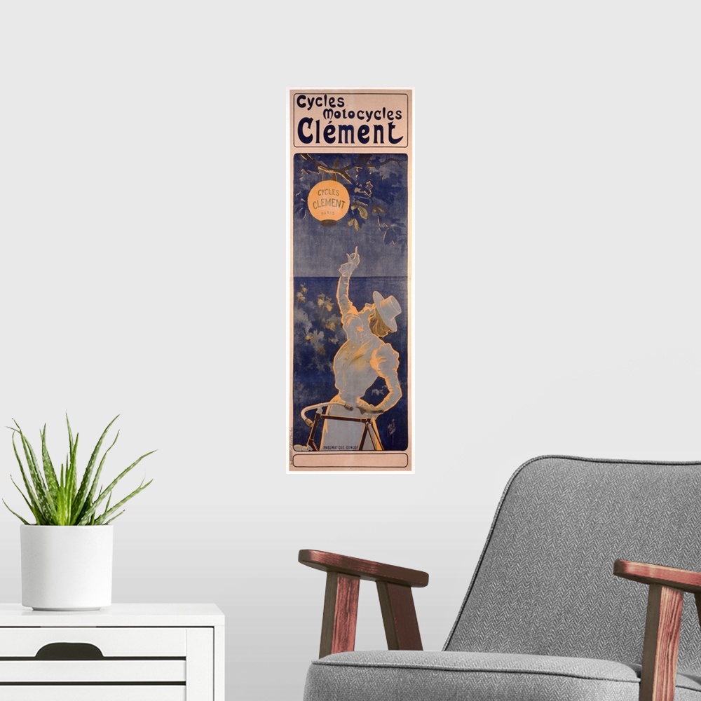 A modern room featuring Poster advertising Cycles Clement, Paris, printed Bourgerie