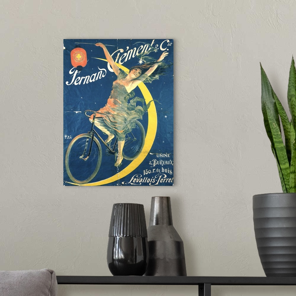 A modern room featuring Poster advertising 'Fernand Clement' bicycles
